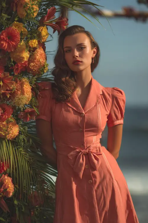 A fashionable woman in a soft coral A-line dress with short sleeves and a structured waist, posing beside a tropical floral arrangement at a beachside altar