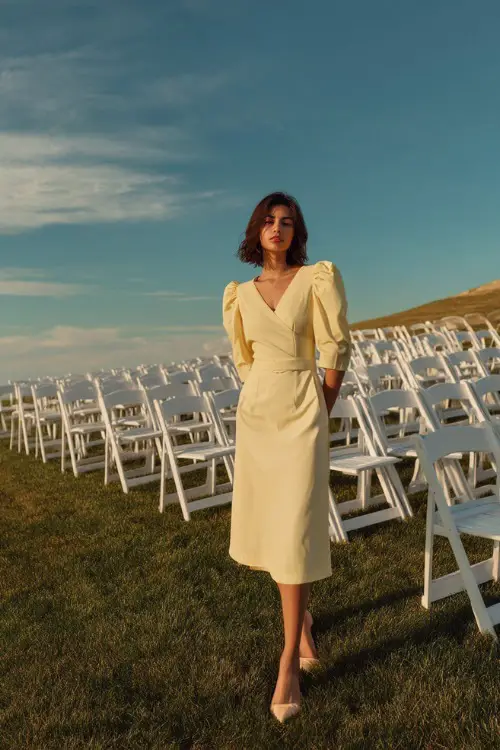 A fashionable woman wearing a pale yellow midi dress with puff sleeves and low block heels, standing near rows of white ceremony chairs on a grassy hilltop