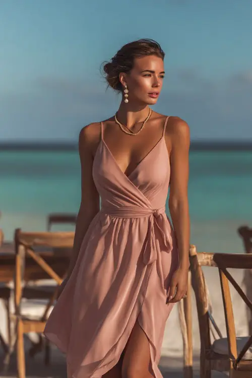 A graceful woman in a blush pink sleeveless wrap dress with a flowy hem and pearl drop earrings, standing near wooden chairs facing the ocean at a coastal wedding