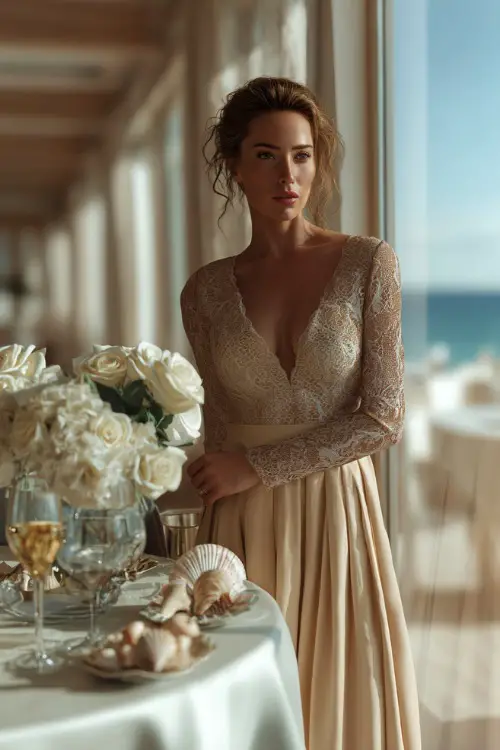 A graceful woman in a champagne-colored A-line gown with lace bodice and chiffon skirt, standing near a reception table decorated with seashells and white roses 