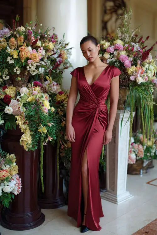 A graceful woman in a deep red satin gown with cap sleeves and side draping, standing near tall floral arrangements at a luxury summer wedding 