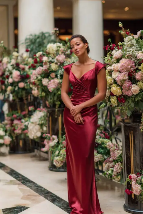 A graceful woman in a deep red satin gown with cap sleeves and side draping, standing near tall floral arrangements at a luxury summer wedding 