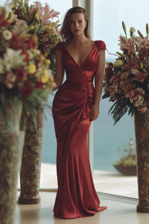 A graceful woman in a deep red satin gown with cap sleeves and side draping, standing near tall floral arrangements at a luxury summer wedding