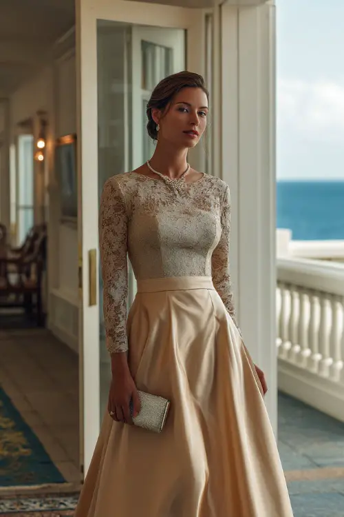 A graceful woman in a light champagne A-line dress with lace sleeves and a pearl clutch, walking through a formal rehearsal space at an oceanfront estate