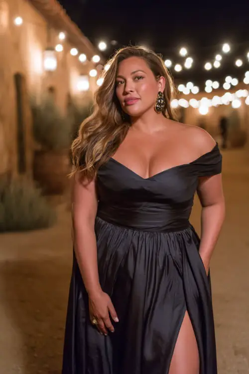 A plus-size woman in a black satin off-the-shoulder gown with a dramatic slit and statement earrings, standing beneath twinkle lights at a formal vineyard wedding