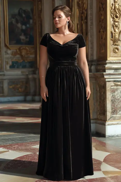 A plus-size woman in a black velvet floor-length gown with short sleeves and rhinestone earrings, standing in front of a grand garden reception with golden décor