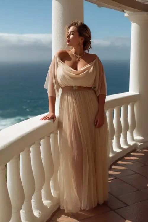 A plus-size woman in a champagne-colored gown with a cowl neckline and a tulle overlay, standing beneath a white pergola with ocean views behind her