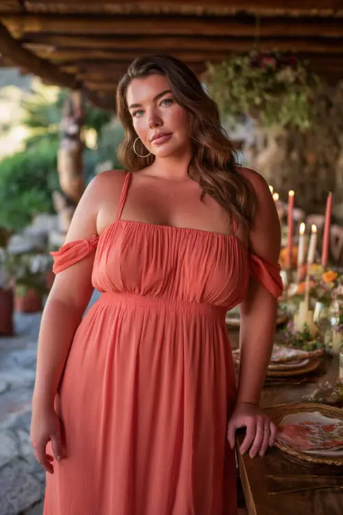 A plus-size woman in a coral midi dress with shoulder ties and a flowy silhouette, standing beside a long wooden table set with candles and florals outdoors 
