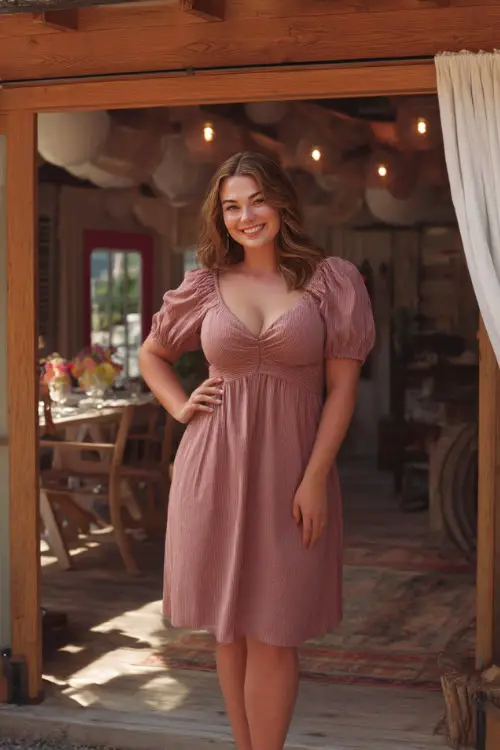 A plus-size woman in a dusty rose smocked midi dress with short puff sleeves and tan sandals, standing in front of a cottage-style backyard wedding space