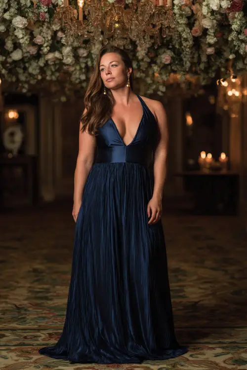 A plus-size woman in a floor-length navy satin gown with a deep V-neckline and pleated skirt, standing at a candlelit reception beneath a floral chandelier 