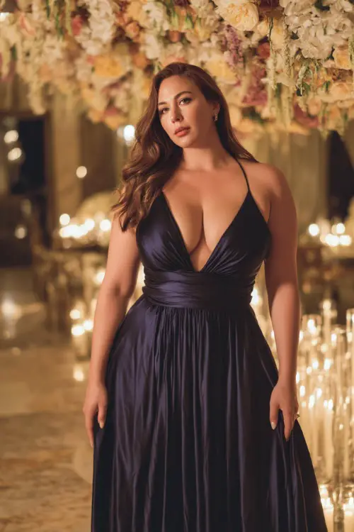 A plus-size woman in a floor-length navy satin gown with a deep V-neckline and pleated skirt, standing at a candlelit reception beneath a floral chandelier 