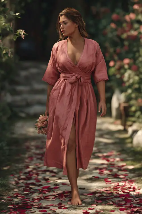 A plus-size woman in a linen-blend wrap dress with side ties and a modest V-neckline, walking through a path of scattered rose petals at a garden wedding