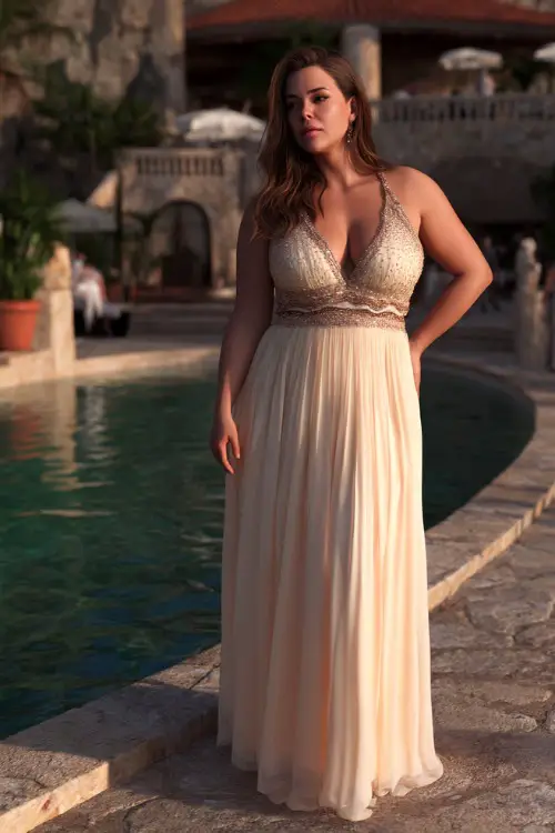 A plus-size woman in a pale champagne A-line gown with beaded detailing and a soft chiffon overlay, posing near a poolside reception at sunset