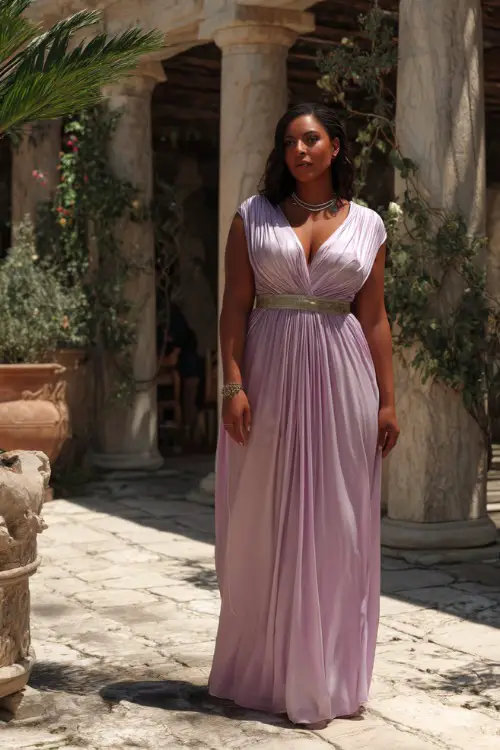 A plus-size woman in a pale lilac Grecian-style gown with draped shoulders and silver jewelry, walking through a marble courtyard decorated for a black-tie wedding 