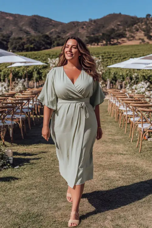 A plus-size woman in a sage green midi wrap dress with flutter sleeves and espadrilles, walking through a vineyard wedding setup with white chairs and floral accents 