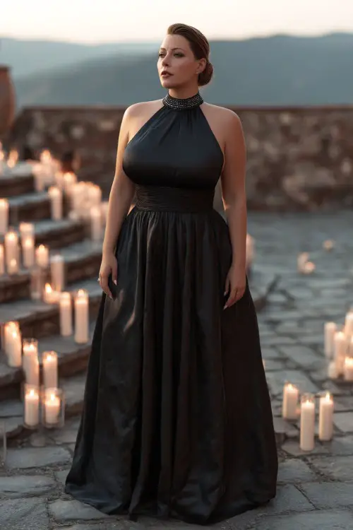 A plus-size woman in a sleeveless black satin gown with a high neckline and rhinestone accents, standing in front of a terraced ceremony space decorated with candles 