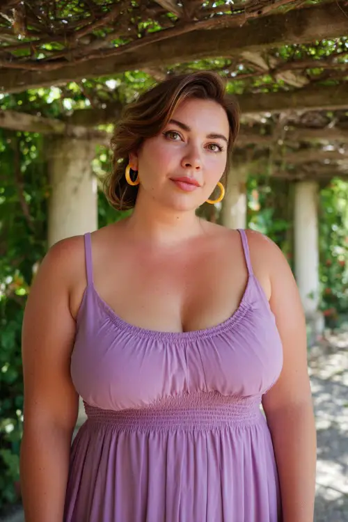 A plus-size woman in a sleeveless lavender midi dress with a smocked bodice and gold hoop earrings, posing beneath a vine-covered pergola at a backyard wedding