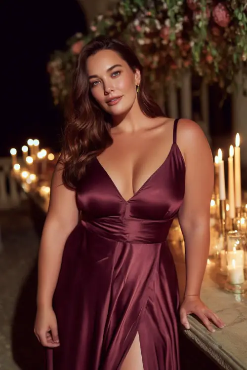 A plus-size woman in a sleeveless wine-colored satin gown with a v-neckline and subtle slit, posing at a grand terrace lit by candles and hanging florals