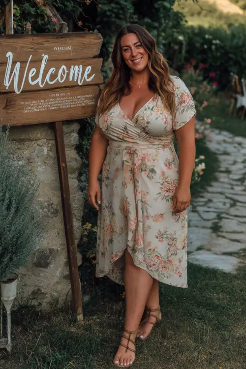 A plus-size woman in a soft floral wrap dress with a midi hemline and strappy sandals, posing near a garden welcome sign at a relaxed summer wedding 