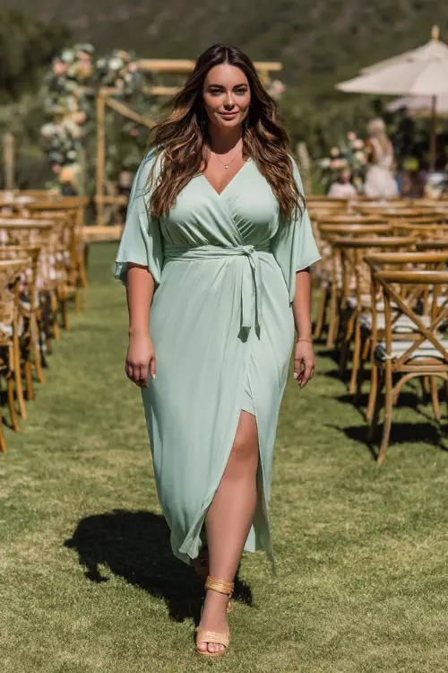 A plus-size woman in a soft mint green wrap dress with flutter sleeves and woven sandals, walking through a grassy outdoor wedding setup with wooden chairs