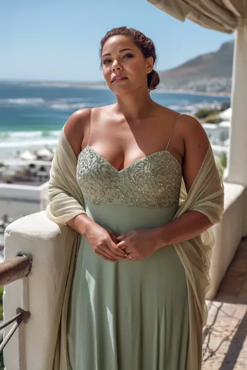 A plus-size woman in a soft sage green maxi gown with delicate beadwork and a soft shawl, standing on a balcony with coastal views at a destination wedding