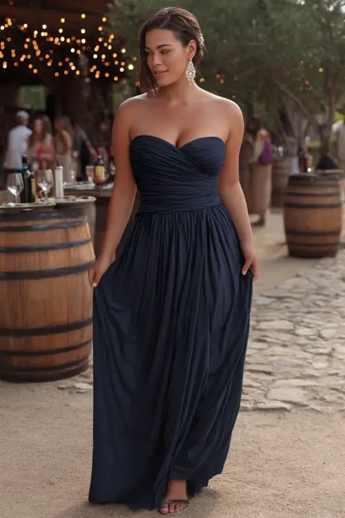 A plus-size woman in a strapless navy gown with a flowing pleated skirt and diamond earrings, walking beside an outdoor reception with string lights and wine barrels 