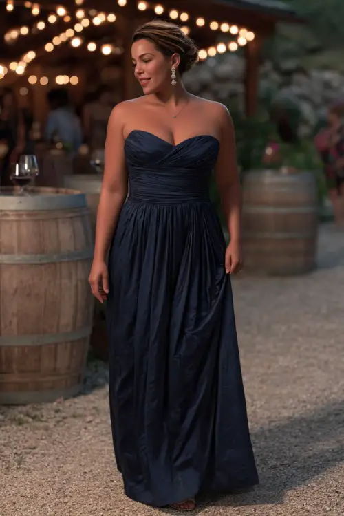 A plus-size woman in a strapless navy gown with a flowing pleated skirt and diamond earrings, walking beside an outdoor reception with string lights and wine barrels 