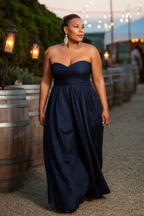 A plus-size woman in a strapless navy gown with a flowing pleated skirt and diamond earrings, walking beside an outdoor reception with string lights and wine barrels