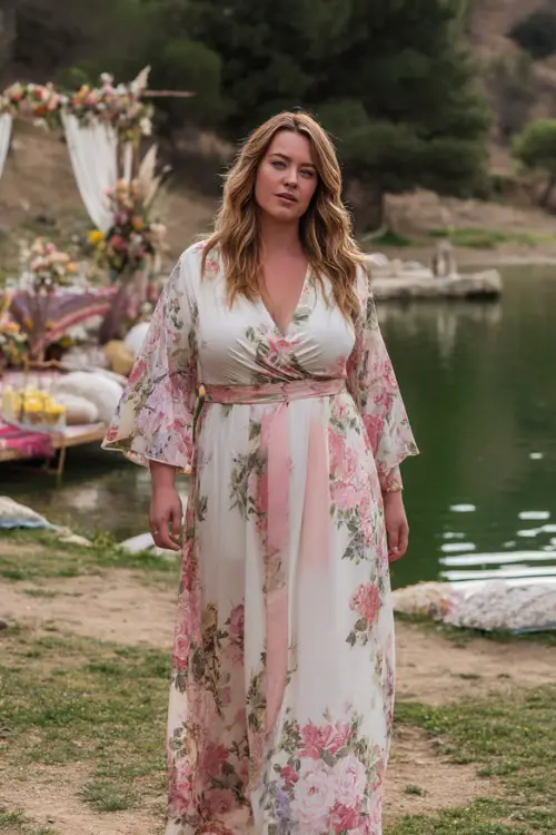 A plus-size woman in a white and pink floral maxi dress with flutter sleeves and a belted waist, walking near a small lake with a boho-style wedding setup in the background 