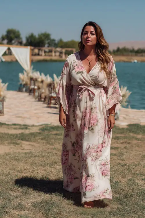 A plus-size woman in a white and pink floral maxi dress with flutter sleeves and a belted waist, walking near a small lake with a boho-style wedding setup in the background 