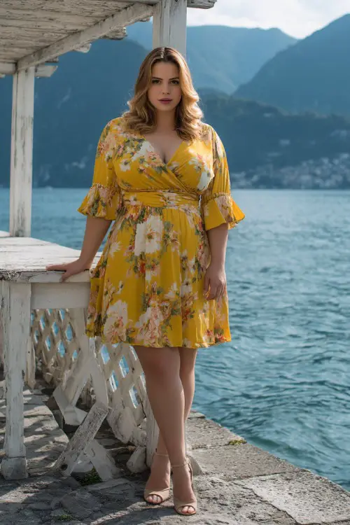 A plus-size woman in a yellow floral A-line dress with flutter sleeves and a cinched waist, posing near a small white pergola by the water 