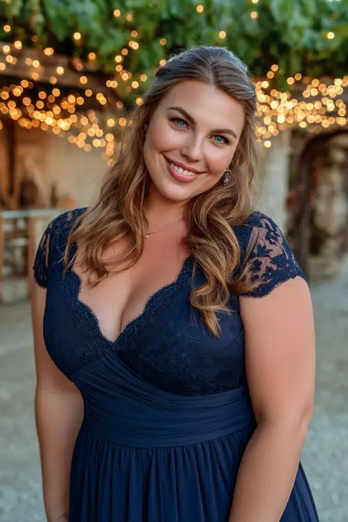 A plus-size woman wearing a dark navy blue formal dress with cap sleeves and lace bodice, posing under a canopy of twinkle lights at a vineyard summer wedding
