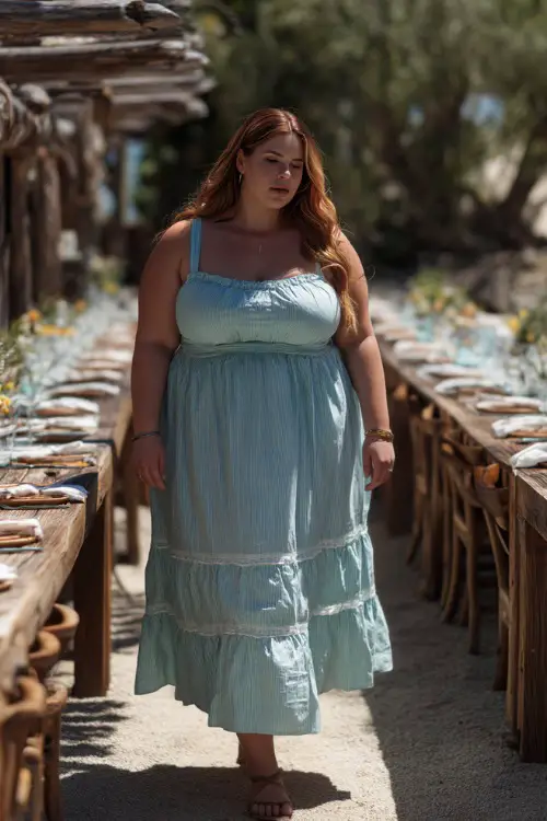 A plus-size woman wearing a light blue sundress with a square neckline and ruffle hem, walking beside long wooden tables decorated for an outdoor backyard reception 