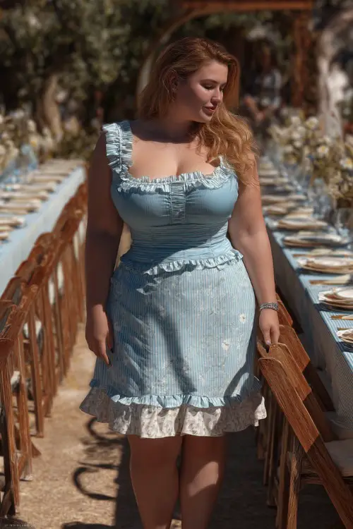 A plus-size woman wearing a light blue sundress with a square neckline and ruffle hem, walking beside long wooden tables decorated for an outdoor backyard reception