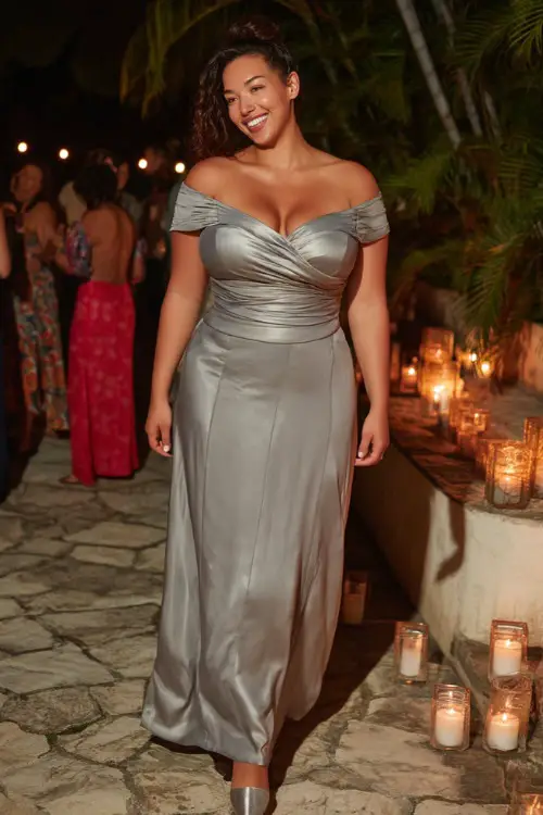 A plus-size woman wearing a silver-grey formal gown with off-the-shoulder neckline and metallic heels, walking through a candlelit reception space outdoor