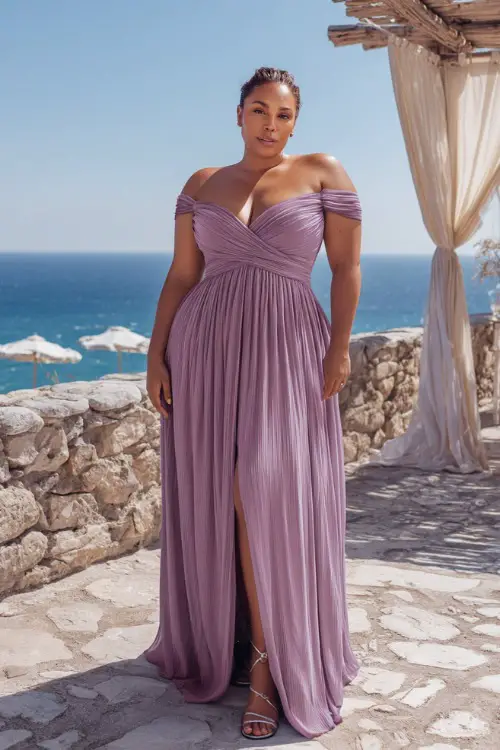 A plus-size woman wearing a soft lavender off-the-shoulder gown with pleated fabric and silver sandals, standing on a stone terrace overlooking a coastal wedding setup