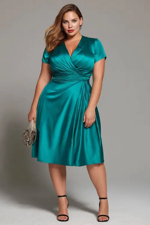 A plus-size women wears midi satin wedding guest dress