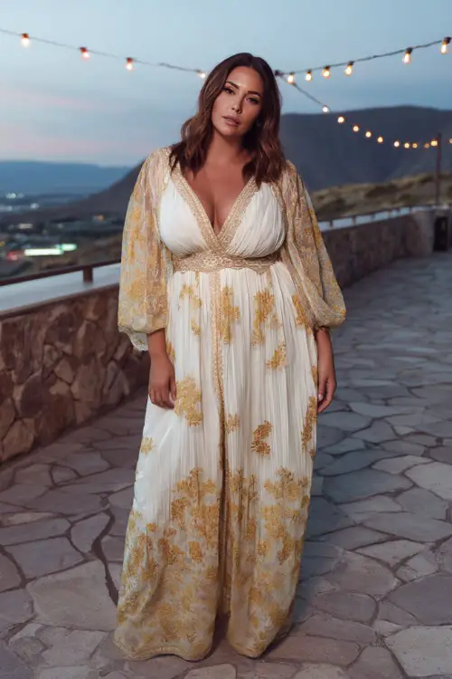 A stylish plus-size woman in a white and gold gown with embroidered floral accents and a pleated hem, standing on a rooftop with sunset views and string lights