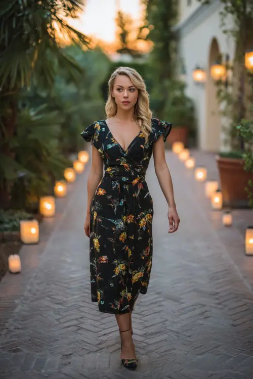 A stylish woman in a black midi dress with bright floral prints and short flutter sleeves, walking along a candlelit walkway at a summer sunset wedding