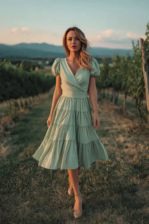 A stylish woman in a pastel green tiered midi dress with short sleeves and neutral heels, walking across a vineyard lawn with sunset lighting 
