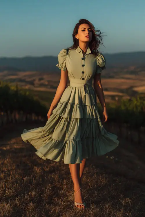 A stylish woman in a pastel green tiered midi dress with short sleeves and neutral heels, walking across a vineyard lawn with sunset lighting 