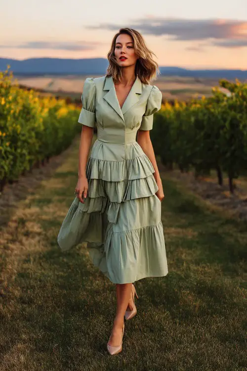 A stylish woman in a pastel green tiered midi dress with short sleeves and neutral heels, walking across a vineyard lawn with sunset lighting