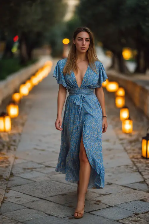 A stylish woman in a soft blue printed wrap midi dress with short flutter sleeves, walking along a pathway lined with candles and lanterns 