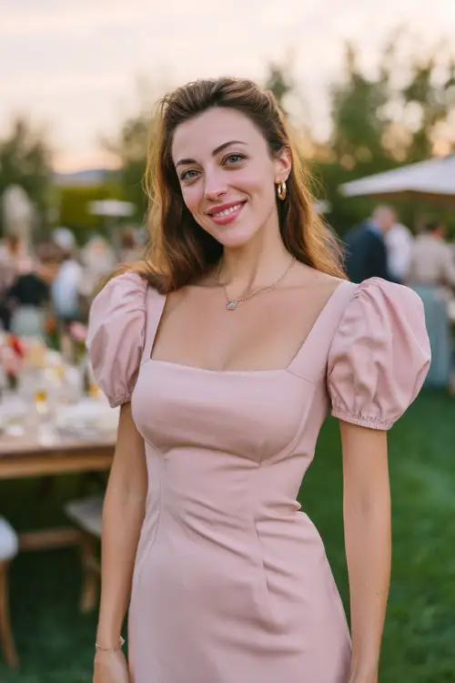 A woman in a blush pink midi dress with puff sleeves and a square neckline, standing at an outdoor garden venue set for a rehearsal dinner