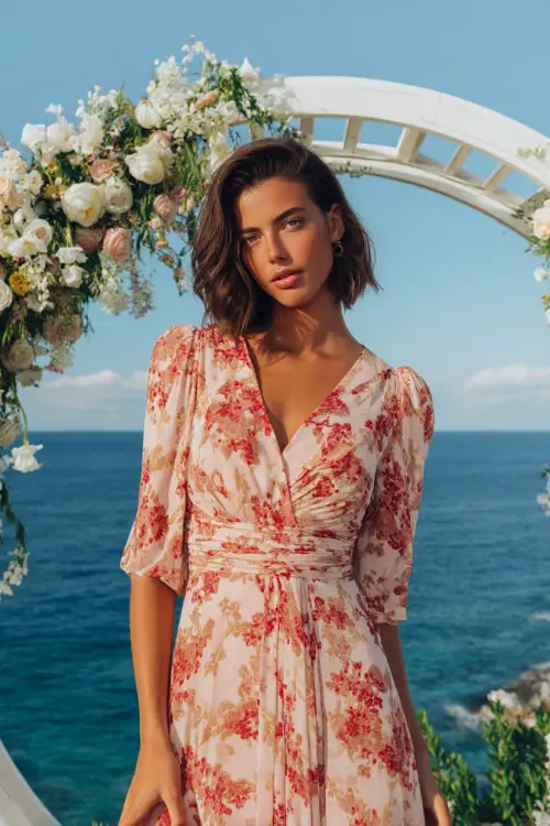 A woman in a blush pink midi dress with red and coral floral prints and a soft V-neckline, standing near a white floral arch overlooking the sea