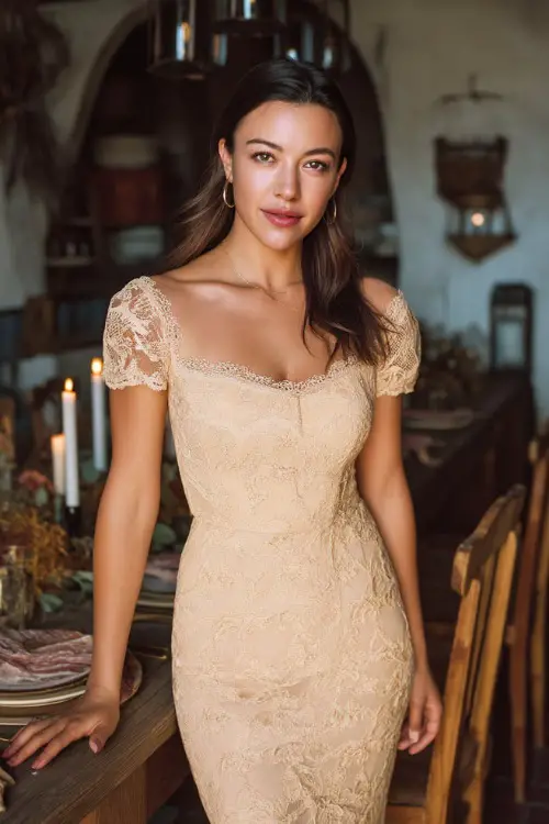 A woman in a champagne-colored midi dress with lace detailing and short sleeves, posing beside a rustic rehearsal dinner setup with candles and wooden chairs 