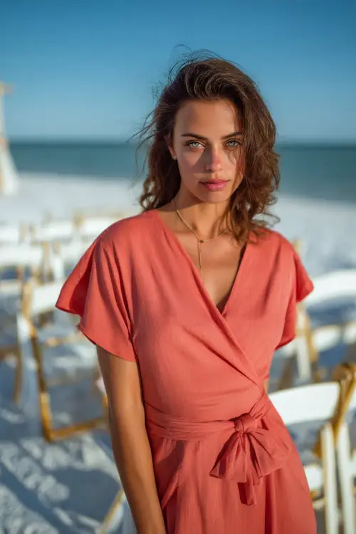 A woman in a coral wrap dress with flutter sleeves and a tie waist, standing near white wooden chairs arranged on the beach for a summer wedding