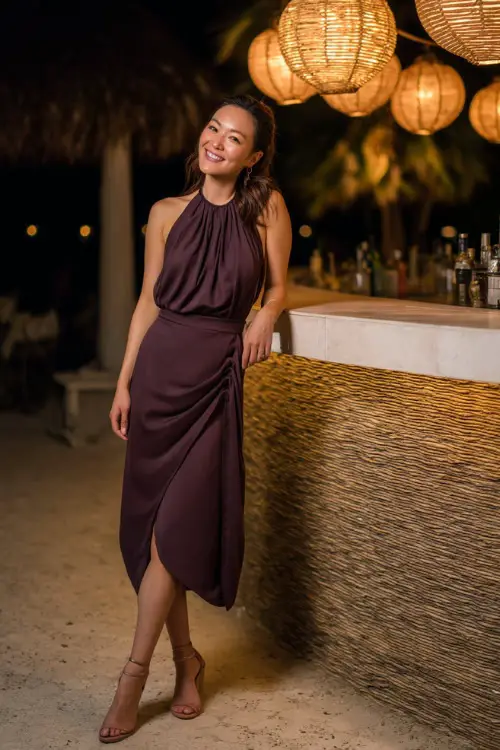 A woman in a dark plum sleeveless midi dress with elegant draping and strappy heels, standing near a rehearsal dinner bar surrounded by rattan lanterns and soft lighting 