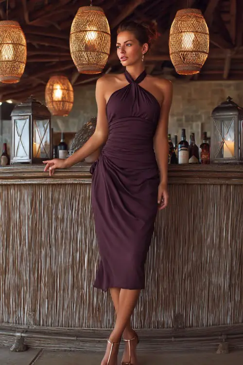 A woman in a dark plum sleeveless midi dress with elegant draping and strappy heels, standing near a rehearsal dinner bar surrounded by rattan lanterns and soft lighting