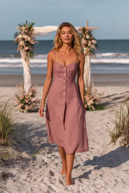 A woman in a dusty rose linen-blend midi dress with thin straps and a button front, walking barefoot across the sand toward a relaxed oceanfront wedding altar